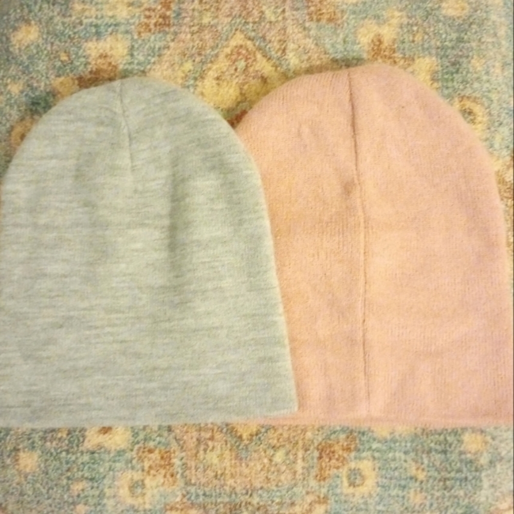 2, Pink, grey beanie cold weather caps.
